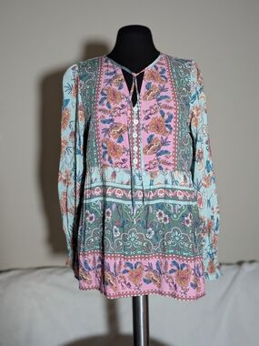 Floral Patchwork Long-Sleeve Peasant Top in Mint & Pink
